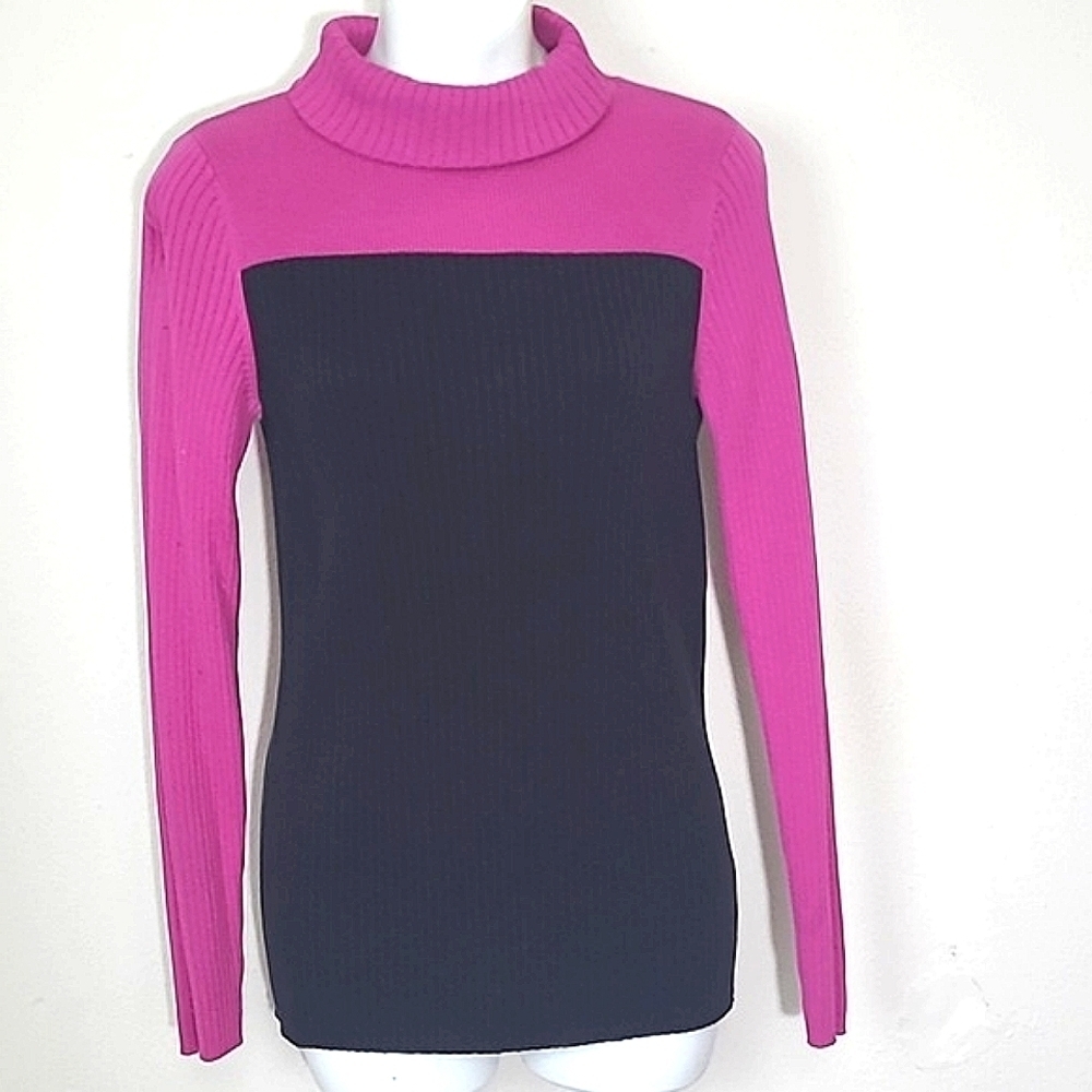 Kim Rogers Colorblock Turtleneck Sweater Black Fuchsia Pink Cotton Stretch Med